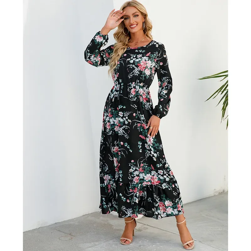 Women Ramadan /Eid Fashion Floral Chiffon Long Sleeve Maxi Dress Trendy Short Sleeve Maxi Dress