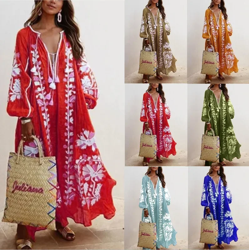 Ramadan /Eid Women Retro Loose V-Neck Long Sleeve Printed Maxi Dress Stylish Pleated A-Line Maxi Dress