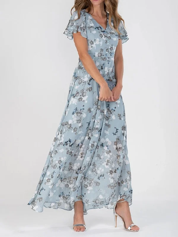 Women's Casual Dress Swing Dress Floral Dress Chiffon Long Dress Maxi Dress Green Blue Light Blue Short Sleeve Floral Ruffle Spring Summer V Neck Fashion Daily Date Vacation S M L XL XXL 3XL Fashionable Open-Back Maxi Dress