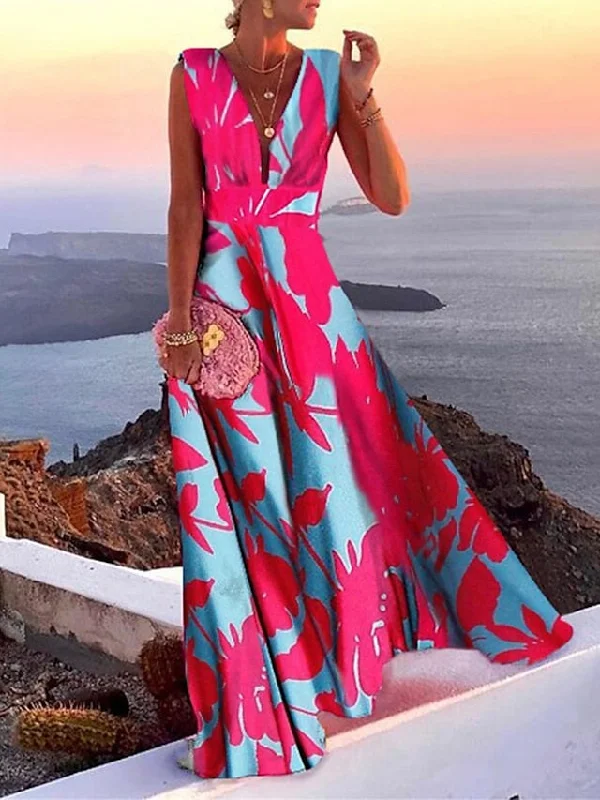 Women's Casual Dress Swing Dress Floral Dress Long Dress Maxi Dress Green Blue Pink Sleeveless Floral Print Spring Summer Deep V Hot Daily S M L XL XXL Comfortable Long-Sleeve Maxi Dress