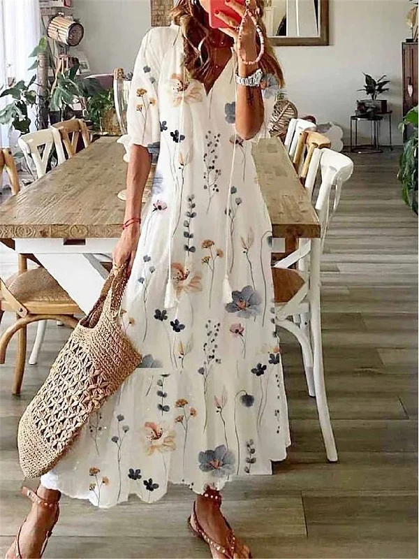 Women's Long Dress Maxi Dress Casual Dress A Line Dress Summer Dress Floral Fashion Casual Outdoor Daily Vacation Print Half Sleeve V Neck Dress Loose Fit White Yellow Summer Spring S M L XL XXL Stylish Empire Waist Maxi Dress