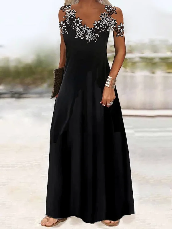 Women's Long Dress Maxi Dress Casual Dress Black Dress A Line Dress Floral Plain Fashion Casual Outdoor Daily Going out Lace Patchwork Sleeveless Strap Dress Regular Fit Black White Green Summer Elegant Lace Maxi Dress