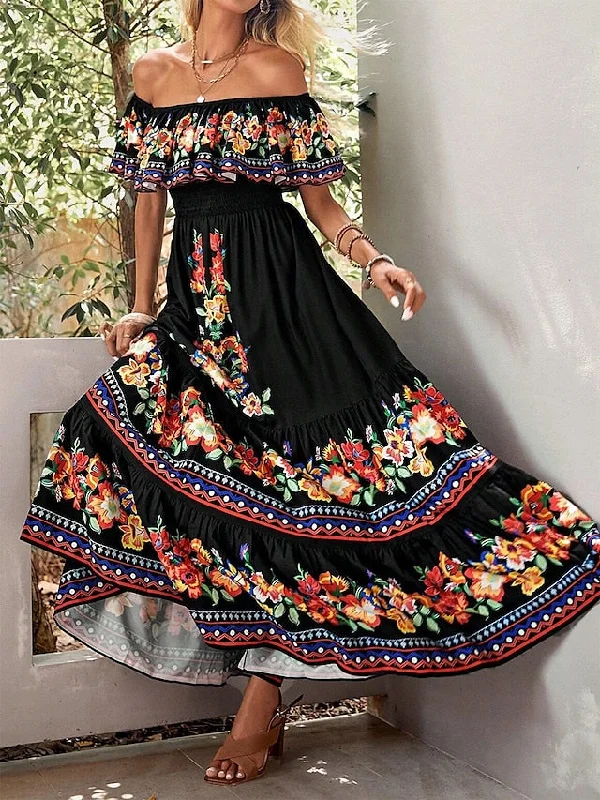 Women's Long Dress Maxi Dress Casual Dress Ethnic Dress A Line Dress Floral Retro Vintage Daily Holiday Vacation Ruffle Print Short Sleeve Off Shoulder Dress Regular Fit Black Summer Spring S M L XL Classic V-Neck Maxi Dress