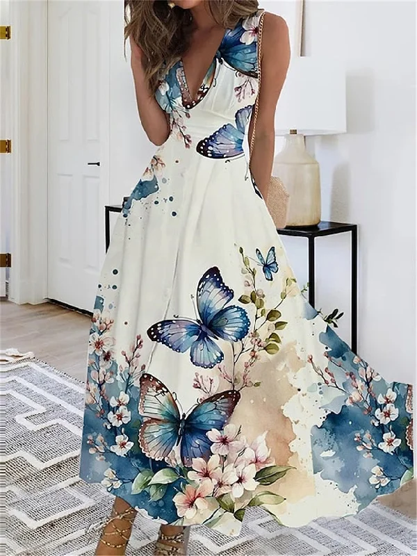 Women's Long Dress Maxi Dress Casual Dress Swing Dress A Line Dress Floral Butterfly Fashion Streetwear Outdoor Daily Date Print Sleeveless V Neck Dress Regular Fit Black White Yellow Summer Spring S Elegant Floral Maxi Dress