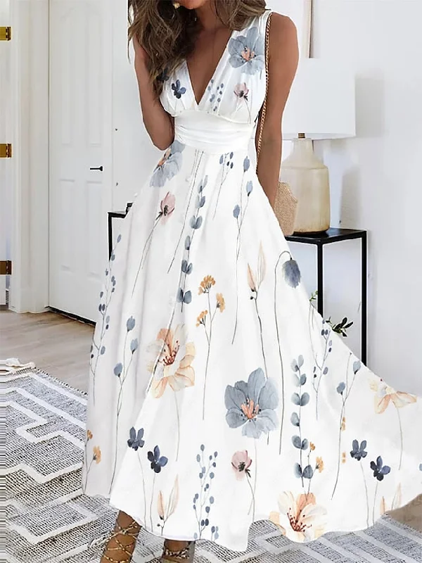 Women's Long Dress Maxi Dress Casual Dress Swing Dress A Line Dress Floral Fashion Streetwear Outdoor Daily Date Print Sleeveless V Neck Dress Regular Fit White Yellow Blue Summer Spring S M L XL XXL Trendy Maxi Dress with Straps