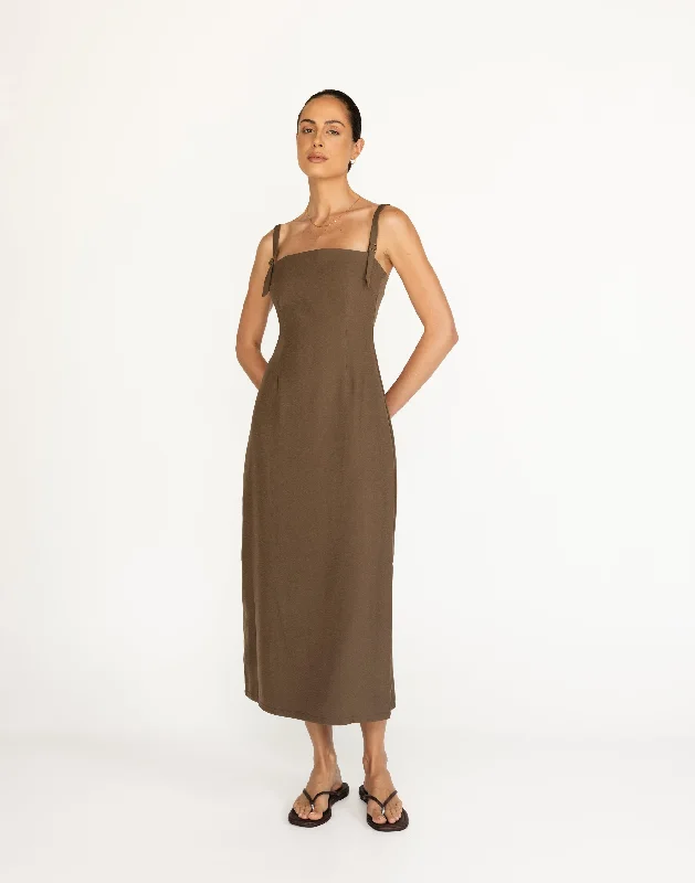 Dominique Maxi Dress (Coffee) Elegant Maxi Dress with Belt