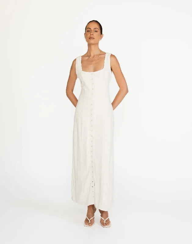 Joni Maxi Dress (Oat) Elegant Maxi Dress with Drapes