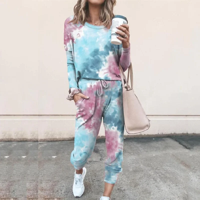 2-Piece Set: Women's Basic Tie Dye Sweatshirt Tracksuit Pants Sets Hoodie with Strings Custom Fit Adjustable