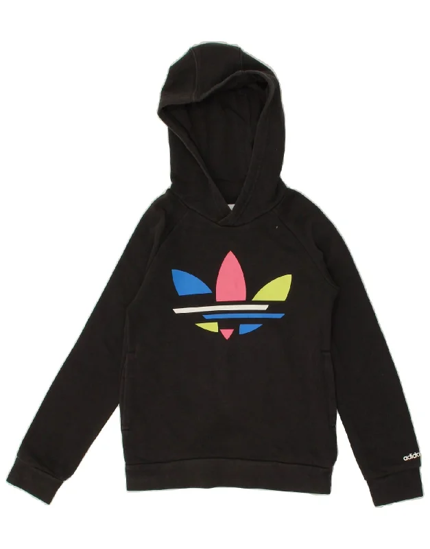 ADIDAS Girls Graphic Hoodie Jumper 7-8 Years Black Cotton Hoodie with Strings Custom Fit Adjustable