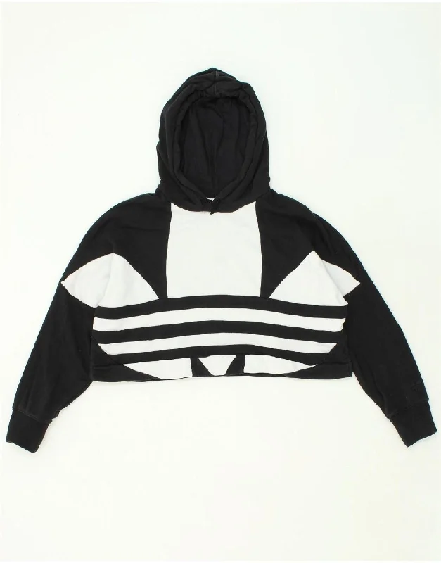 ADIDAS Womens Crop Graphic Hoodie Jumper UK 14 Large  Black Cotton Hoodie with Thumb Holes Functional Cozy