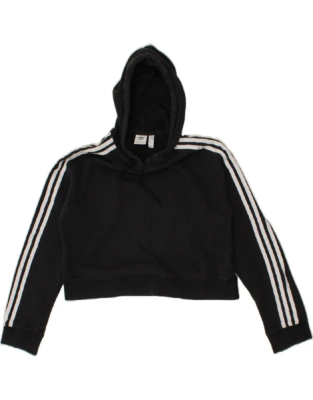 ADIDAS Womens Crop Hoodie Jumper UK 6 XS Black Cotton Hoodie with Lining Warm Insulated