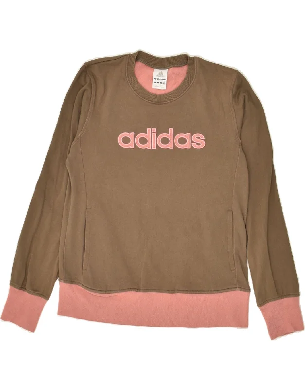 ADIDAS Womens Graphic Sweatshirt Jumper UK 10 Small Brown Hoodie with Rolled Sleeves Casual Relaxed