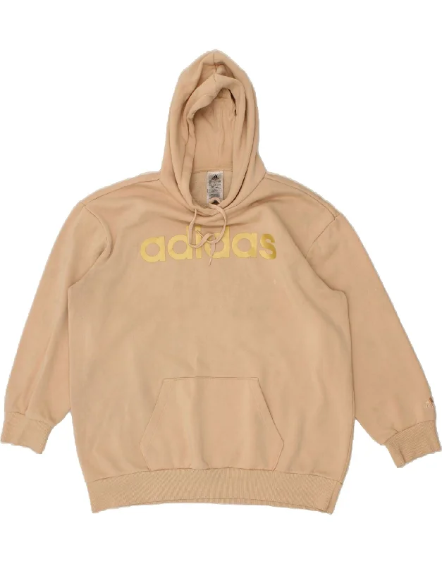 ADIDAS Womens Oversized Graphic Hoodie Jumper UK 16/18 Large Beige Cotton Hoodie with Stripes Bold Sporty