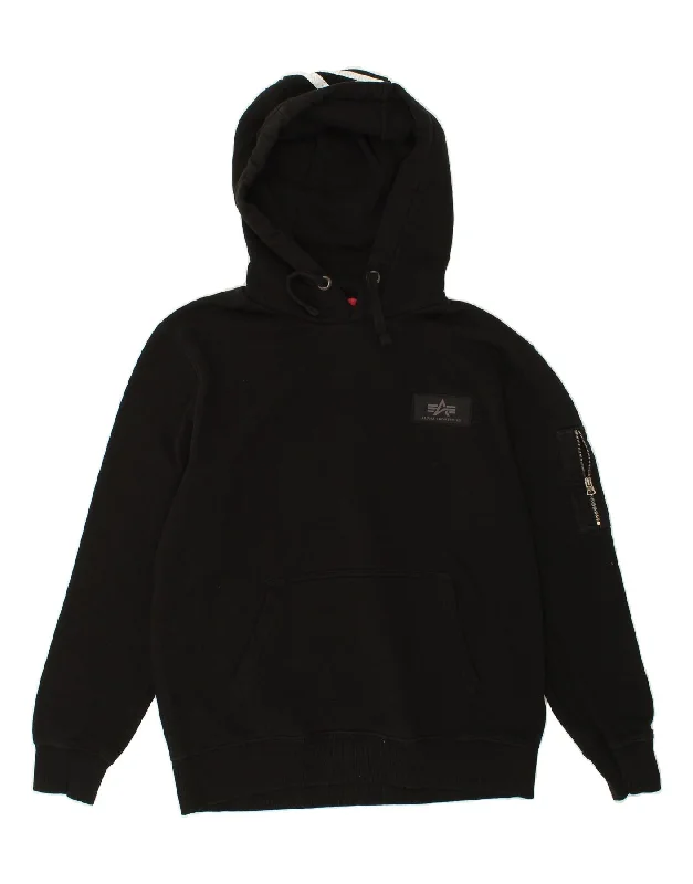 ALPHA INDUSTRIES Mens Graphic Hoodie Jumper Large Black Cotton Hoodie with Ribbed Cuffs Snug Fit Comfort