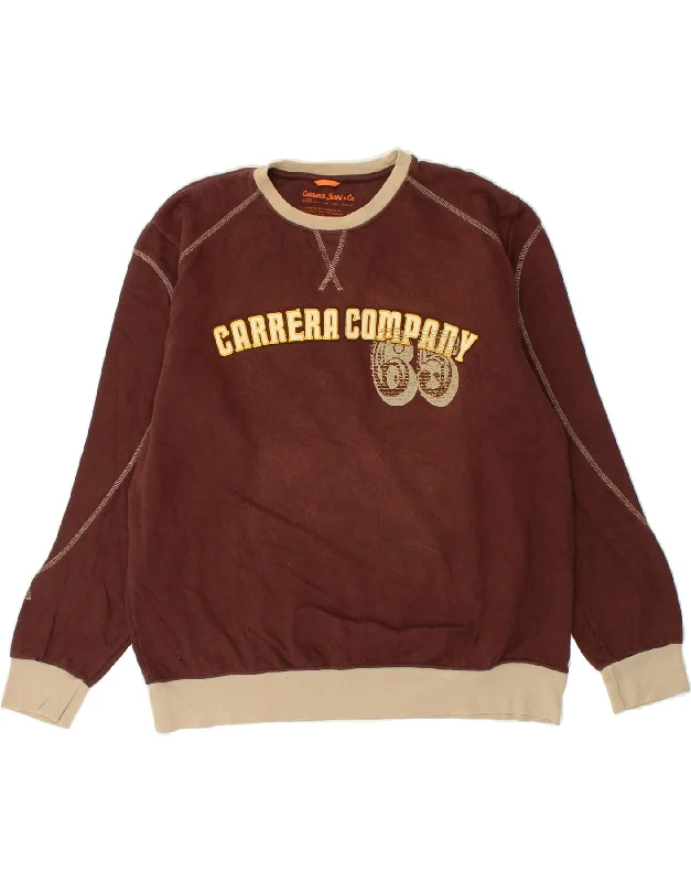 CARRERA Mens Graphic Sweatshirt Jumper 2XL Brown Cotton Hoodie with Hem Patch Decorative Personalized