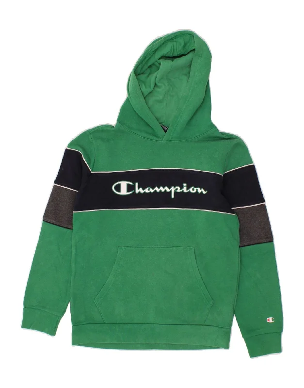 CHAMPION Boys Graphic Hoodie Jumper 11-12 Years Large  Green Colourblock Hoodie with Zipper Versatile Modern