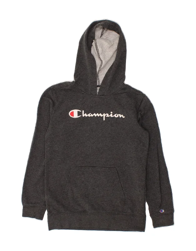 CHAMPION Boys Graphic Hoodie Jumper 14-15 Years Large  Grey Cotton Hoodie with Mesh Breathable Sporty