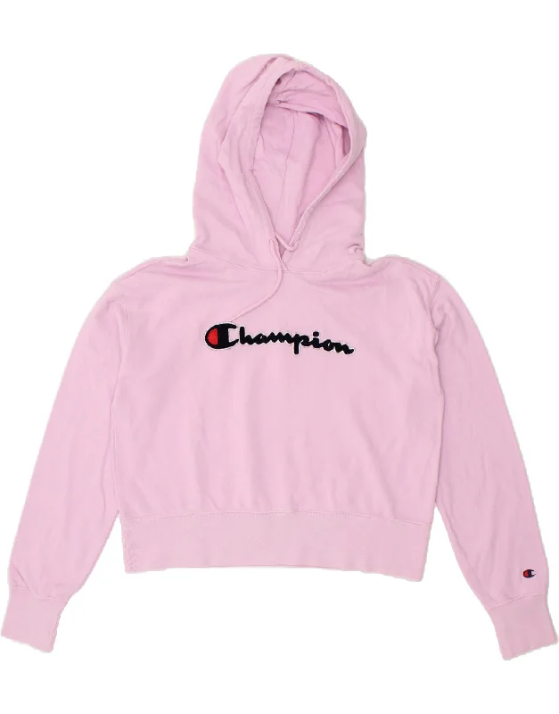 CHAMPION Womens Graphic Hoodie Jumper UK 16 Large Pink Cotton Hoodie with Zipper Placket Modern Functional