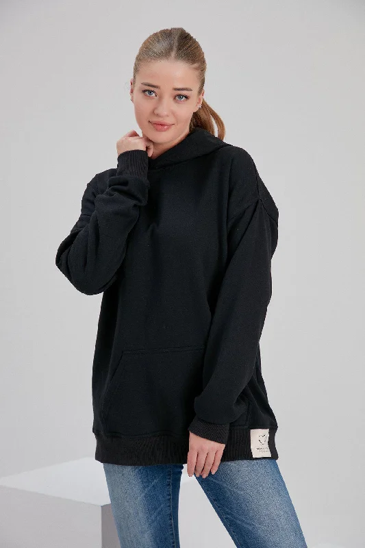 Recycled Cotton and Polyester Hoodie in Black Hoodie with Puffed Sleeves Voluminous Trendy