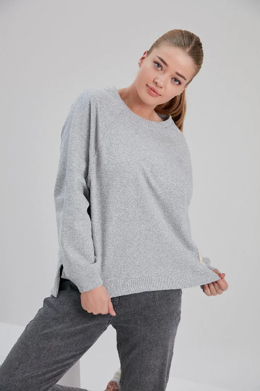 Recycled Cotton and Polyester Sweatshirt in Light Grey Hoodie with Ribbed Neckline Snug Warm