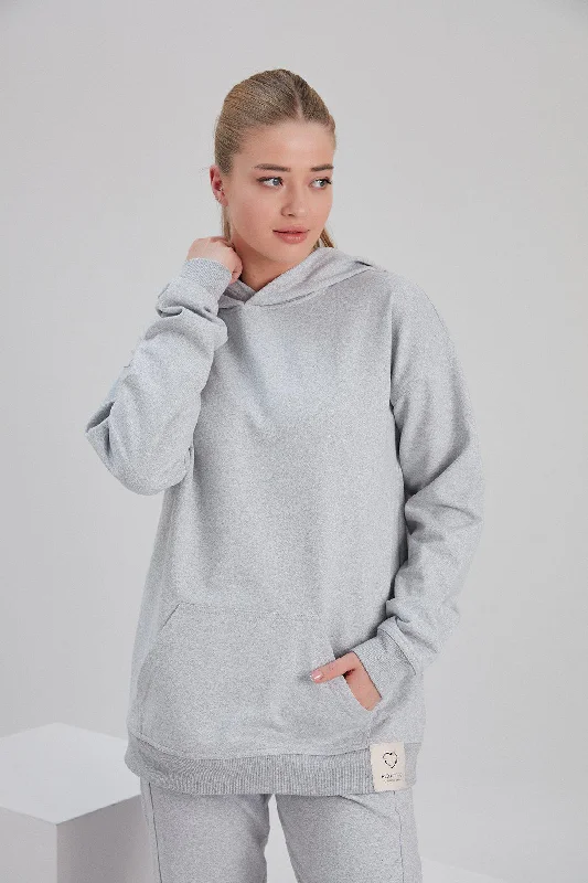 Recycled Cotton and Polyester Hoodie in Light Grey Hoodie with Cuffed Sleeves Snug Secure