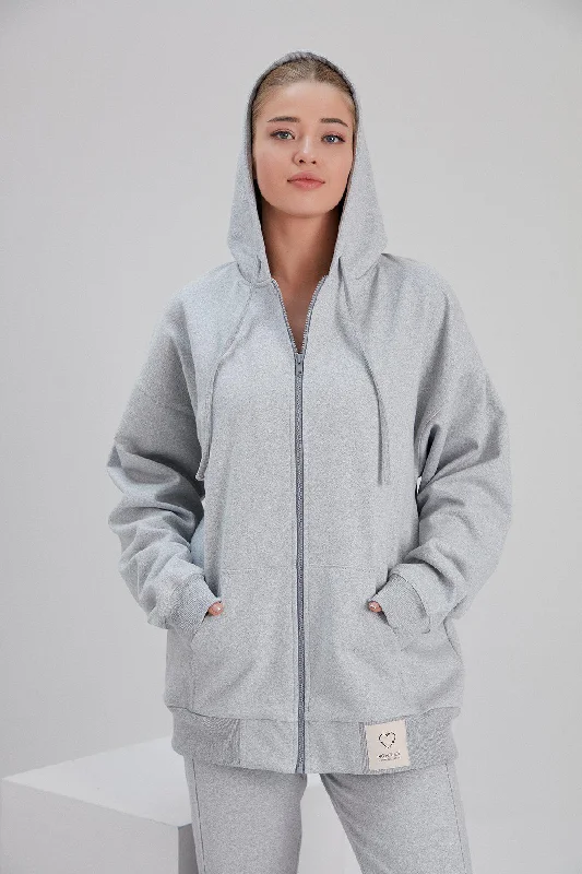 Recycled Cotton and Polyester Zip-Up Hoodie in Light Grey Hoodie with Batwing Sleeves Loose Dramatic