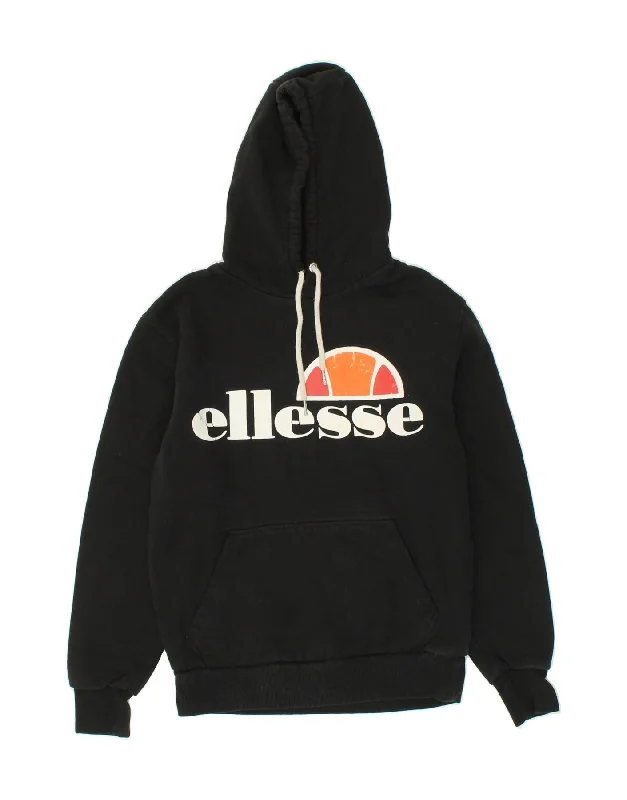 ELLESSE Womens Graphic Hoodie Jumper UK 12 Medium Black Cotton Hoodie with Toggle Buttons Decorative Unique