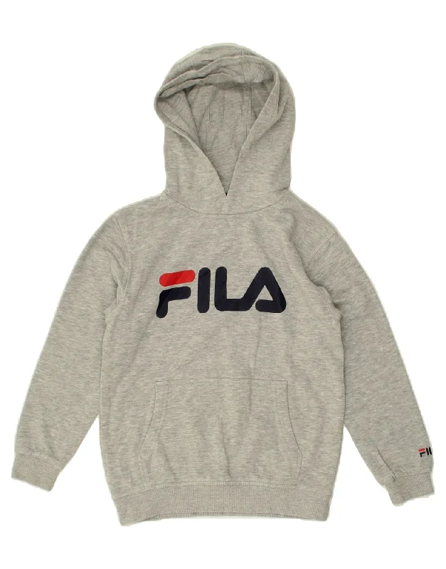 FILA Boys Graphic Hoodie Jumper 7-8 Years Grey Cotton Hoodie with Thumb Holes Functional Cozy