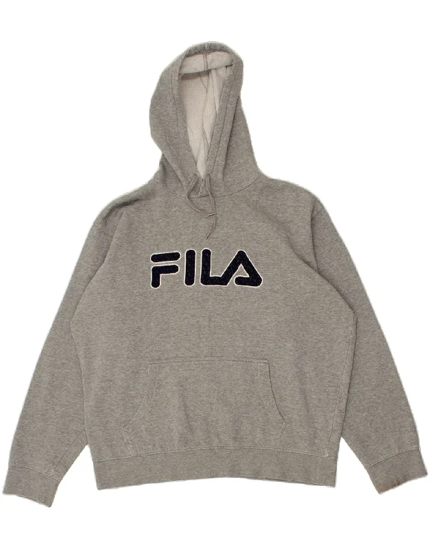 FILA Mens Graphic Hoodie Jumper Large Grey Cotton Hoodie with Metallic Shiny Futuristic