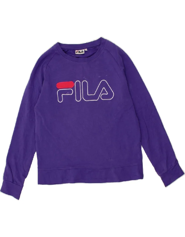 FILA Womens Graphic Sweatshirt Jumper UK 10 Small Purple Hoodie with Set-In Sleeves Structured Classic