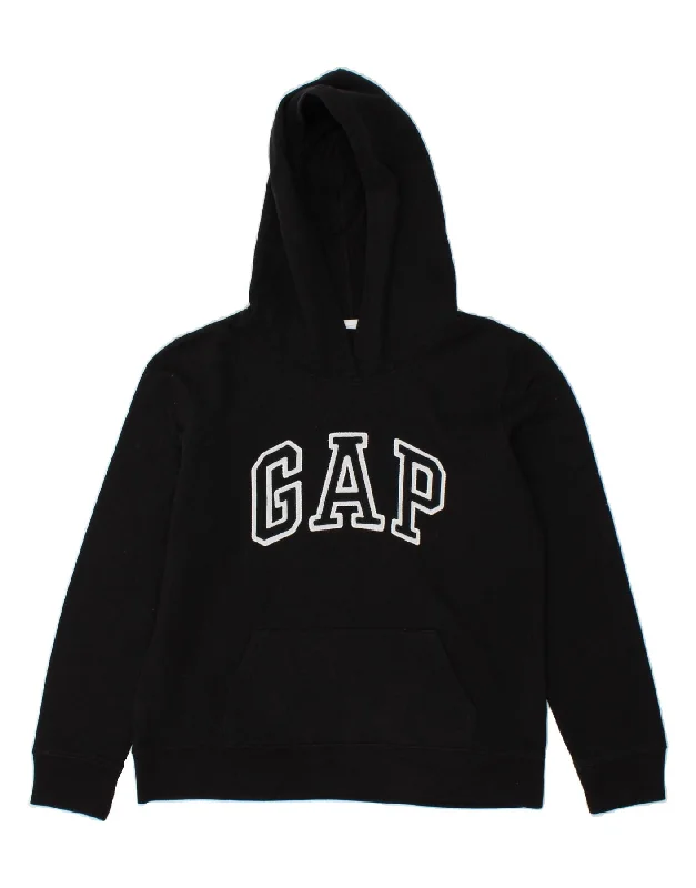 GAP Womens Graphic Hoodie Jumper UK 10 Small Black Cotton Hoodie with V-Neck Classic Versatile