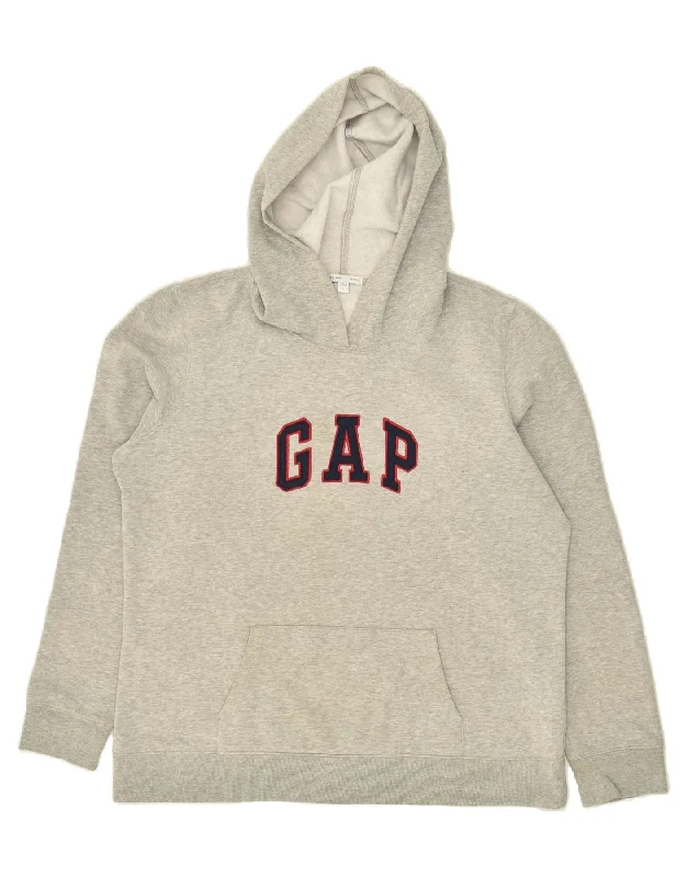 GAP Womens Graphic Hoodie Jumper UK 16 Large Grey Cotton Hoodie with Drop Shoulder Relaxed Streetwear