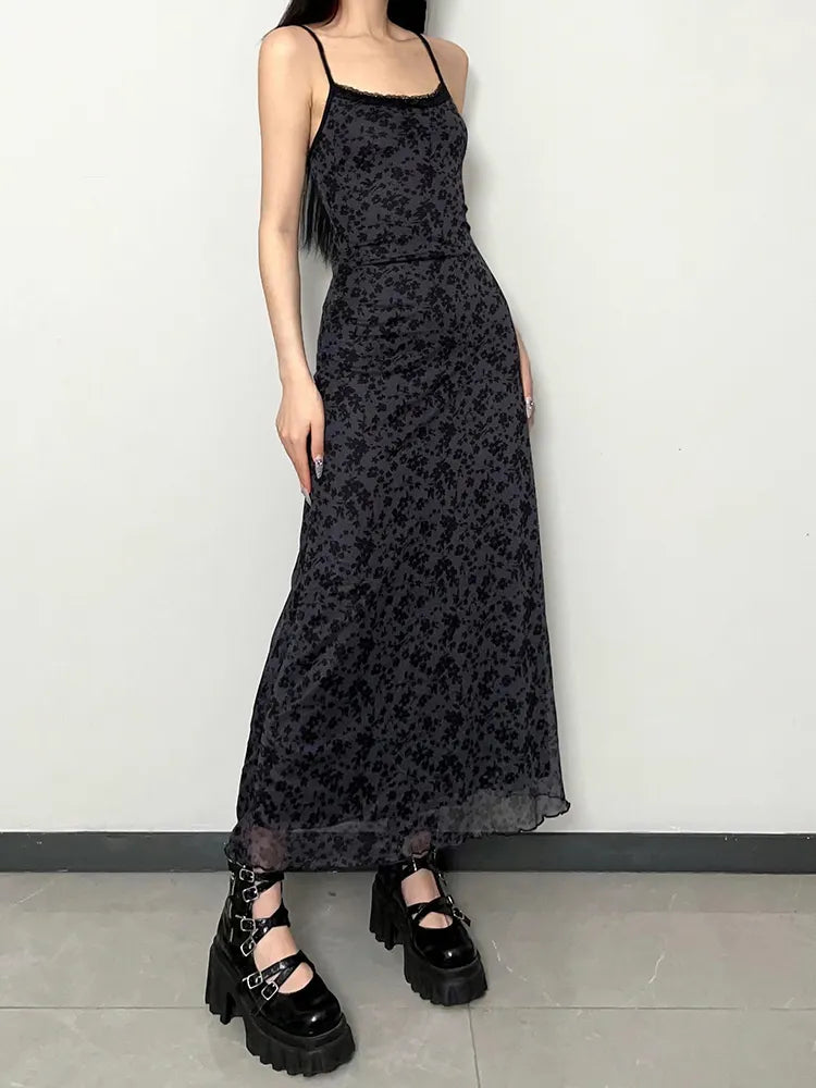 Grunge Floral Printed Maxi Dress Elegant Tiered Maxi Dress