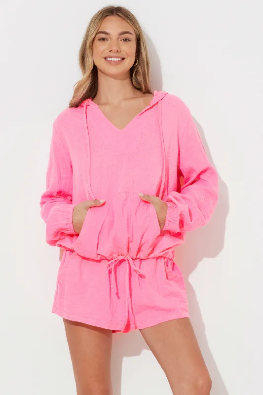 Hot Pink Solid Gauze Hoodie W/ Cinch Waist Hoodie with Monochrome Minimalist Simple