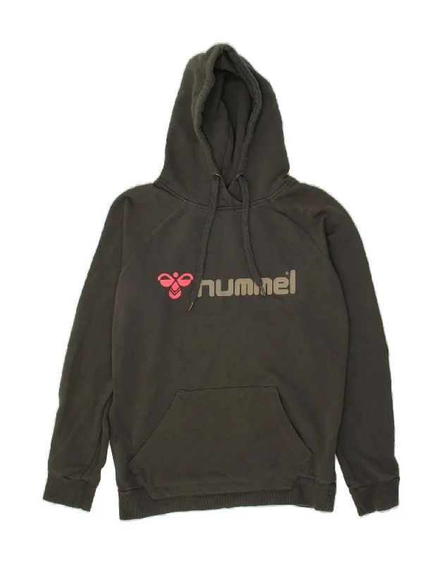 HUMMEL Womens Graphic Hoodie Jumper UK 14 Medium Grey Cotton Hoodie with Sequins Glamorous Eye-catching