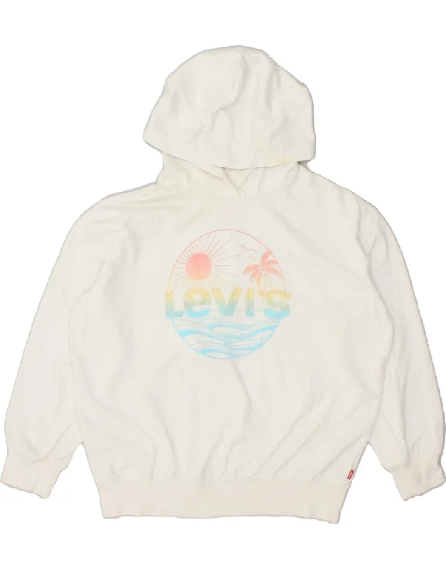 LEVI'S Girls Graphic Hoodie Jumper 15-16 Years White Cotton Hoodie with Velcro Closure Adjustable Secure