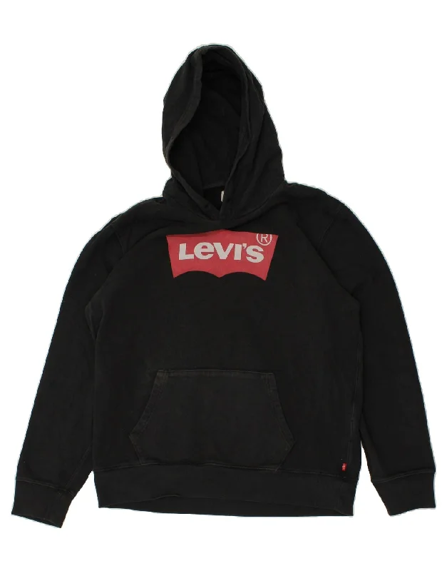 LEVI'S Mens Graphic Hoodie Jumper Large Black Cotton Hoodie with Earth Tones Natural Calm