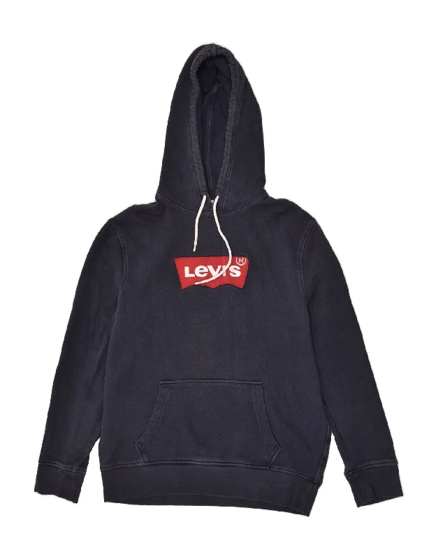 LEVI'S Mens Graphic Hoodie Jumper Large Navy Blue Cotton Hoodie with Applique Textured Unique