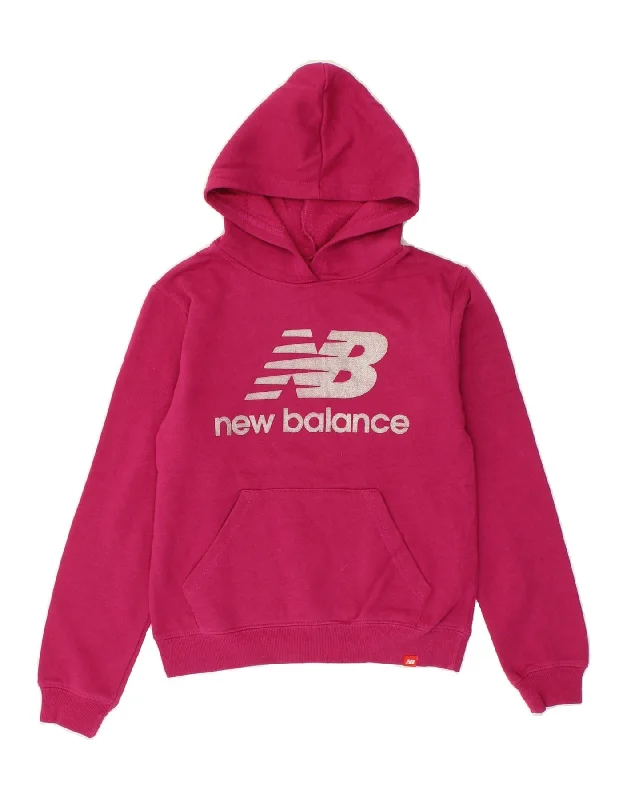 NEW BALANCE Girls Graphic Hoodie Jumper 10-11 Years Medium  Pink Cotton Hoodie with Hem Fringe Bohemian Relaxed