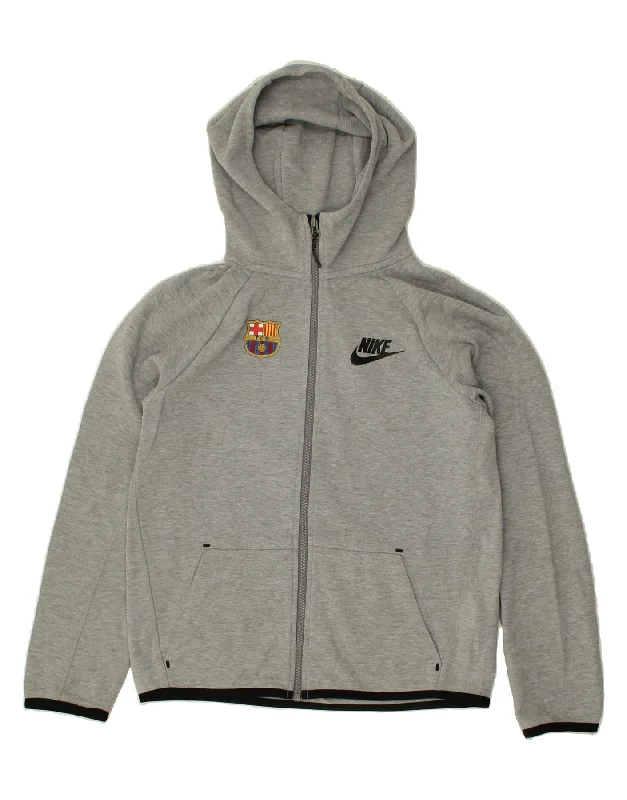 NIKE Boys Barcelona Zip Hoodie Sweater 12-13 Years Large Grey Cotton Hoodie with Drawcord Adjustable Secure