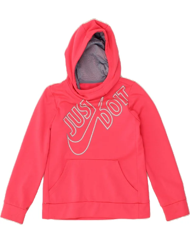 NIKE Girls Dri Fit Graphic Hoodie Jumper 8-9 Years Medium Pink Polyester Hoodie with Mock Neck Collared Structured