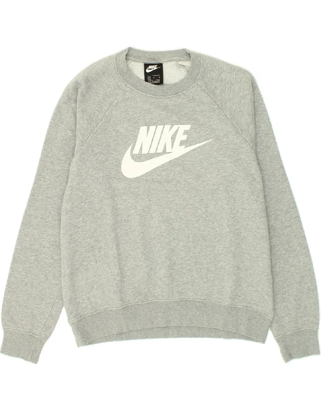 NIKE Womens Graphic Sweatshirt Jumper UK 14 Medium Grey Cotton Hoodie with Typography Text Message