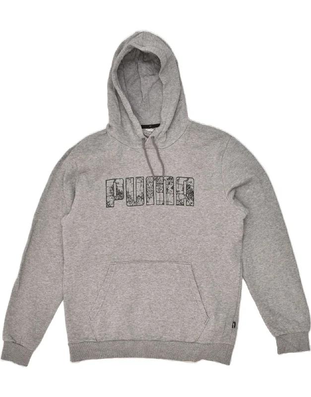 PUMA Mens Graphic Hoodie Jumper Medium Grey Cotton Hoodie with Embroidery Detailed Premium