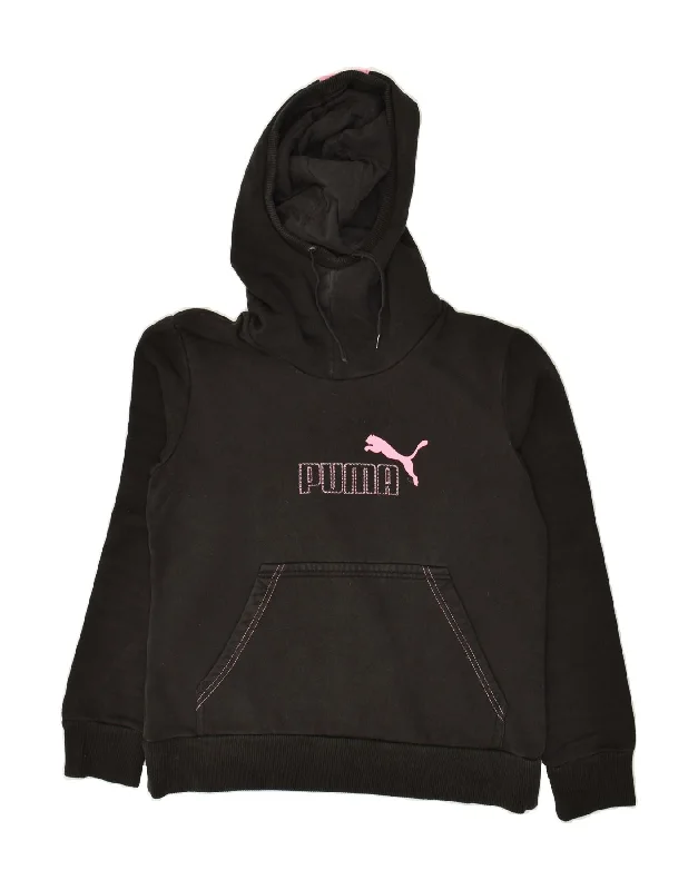 PUMA Womens Graphic Hoodie Jumper UK 14 Large Black Cotton Hoodie with Pastel Soft Subtle