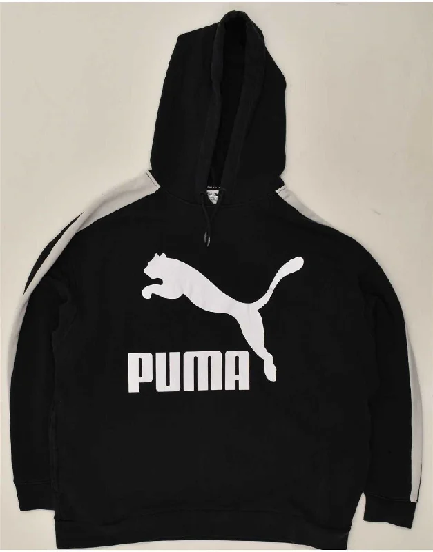 PUMA Womens Oversized Graphic Hoodie Jumper UK 14 Large  Black Cotton Hoodie with Hem Embroidery Detailed Premium