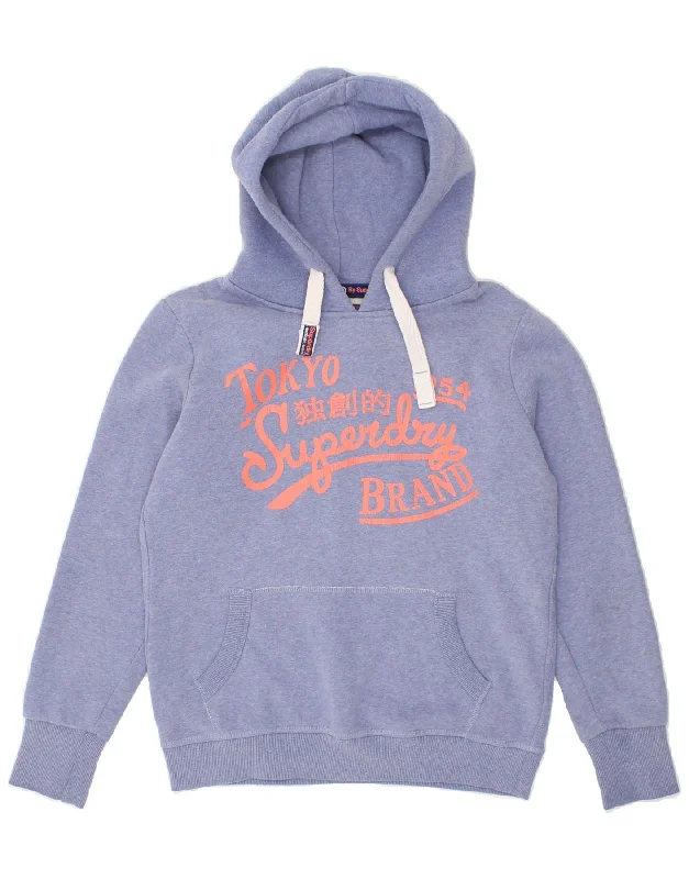 SUPERDRY Womens Graphic Hoodie Jumper UK 14 Medium Blue Cotton Hoodie with Mesh Breathable Sporty