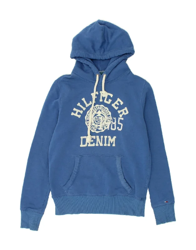 TOMMY HILFIGER Mens Graphic Hoodie Jumper Small Blue Cotton Hoodie with Earth Tones Natural Calm