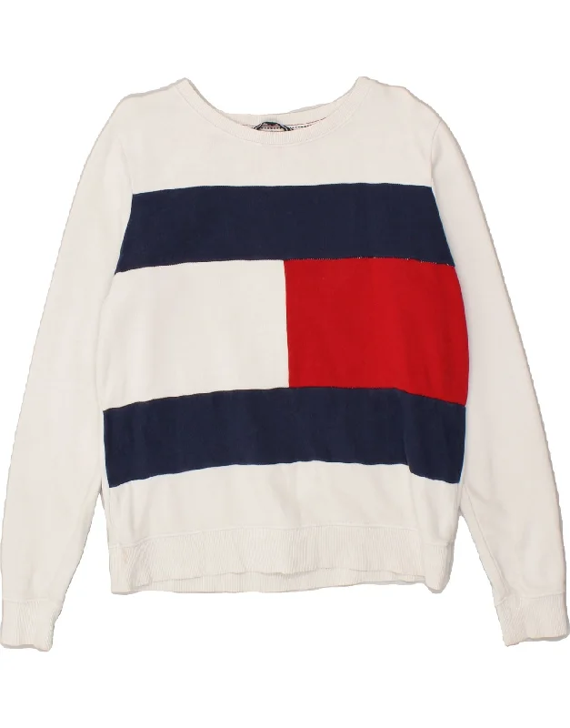 TOMMY HILFIGER Womens Graphic Sweatshirt Jumper UK 14 Medium White Hoodie with Hem Detail Decorative Unique