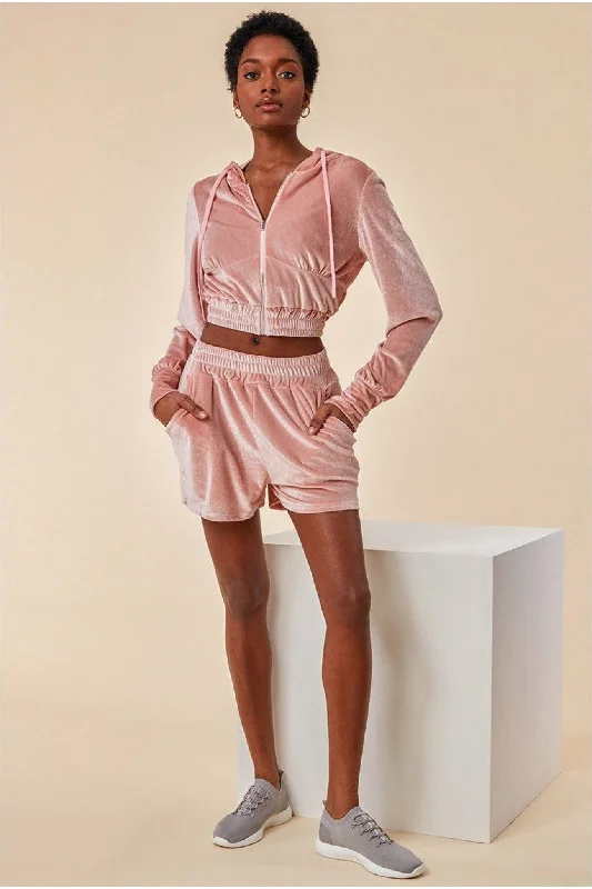 Cosmochic Velour Hoodie & Short Set - Pink Hoodie with Elastic Cuffs Stretchable Comfortable