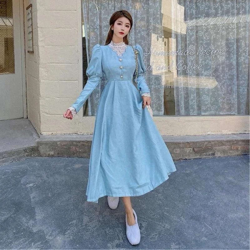 Vintage Balloon Sleeve Maxi Dress Stylish Button-Up Maxi Dress